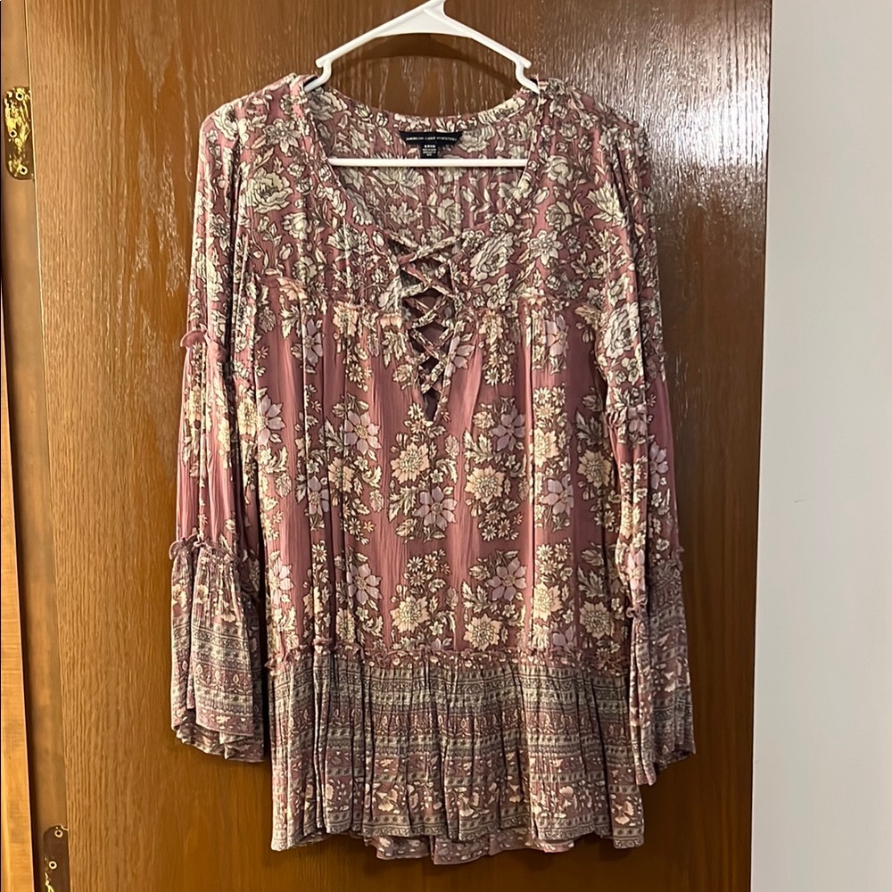 Pink Long Sleeve Tie Front Blouse with Pleats